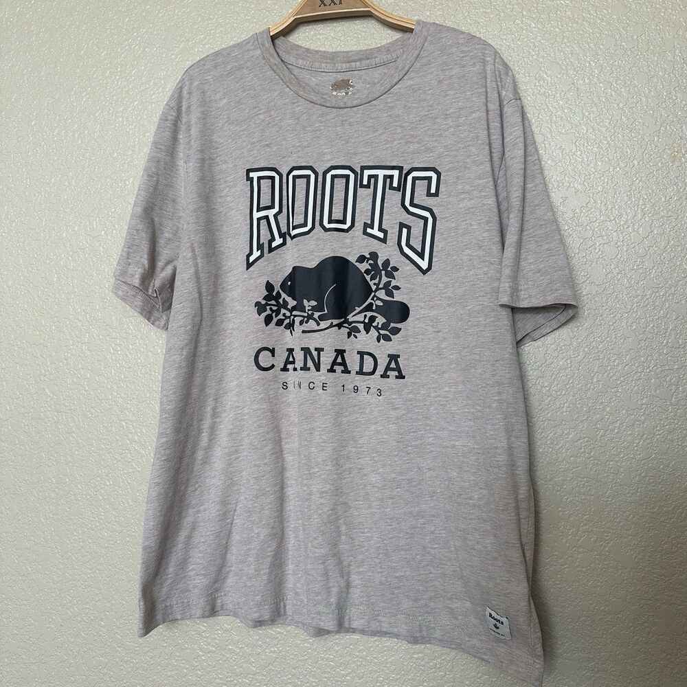 ROOTS Canada Cooper Beaver Men's Tee Shirt Oatmeal Cream Large Classic Cotton